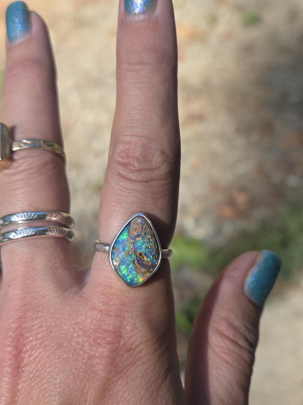 Sterling Silver Boulder Opal Teardrop Ring